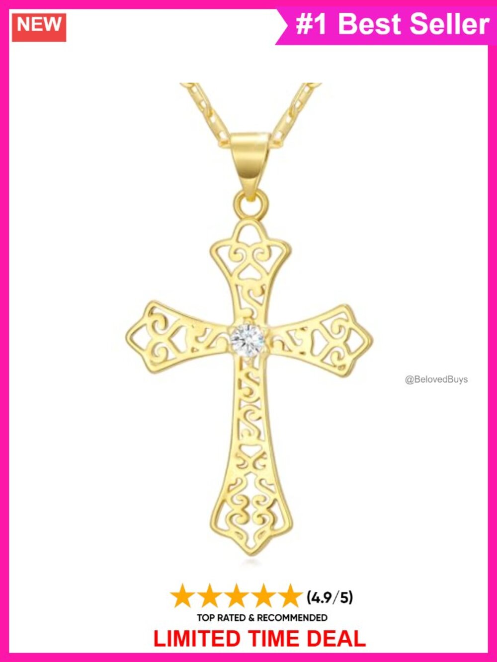 14K Gold Plated Cross Necklace CZ Pendant Chain